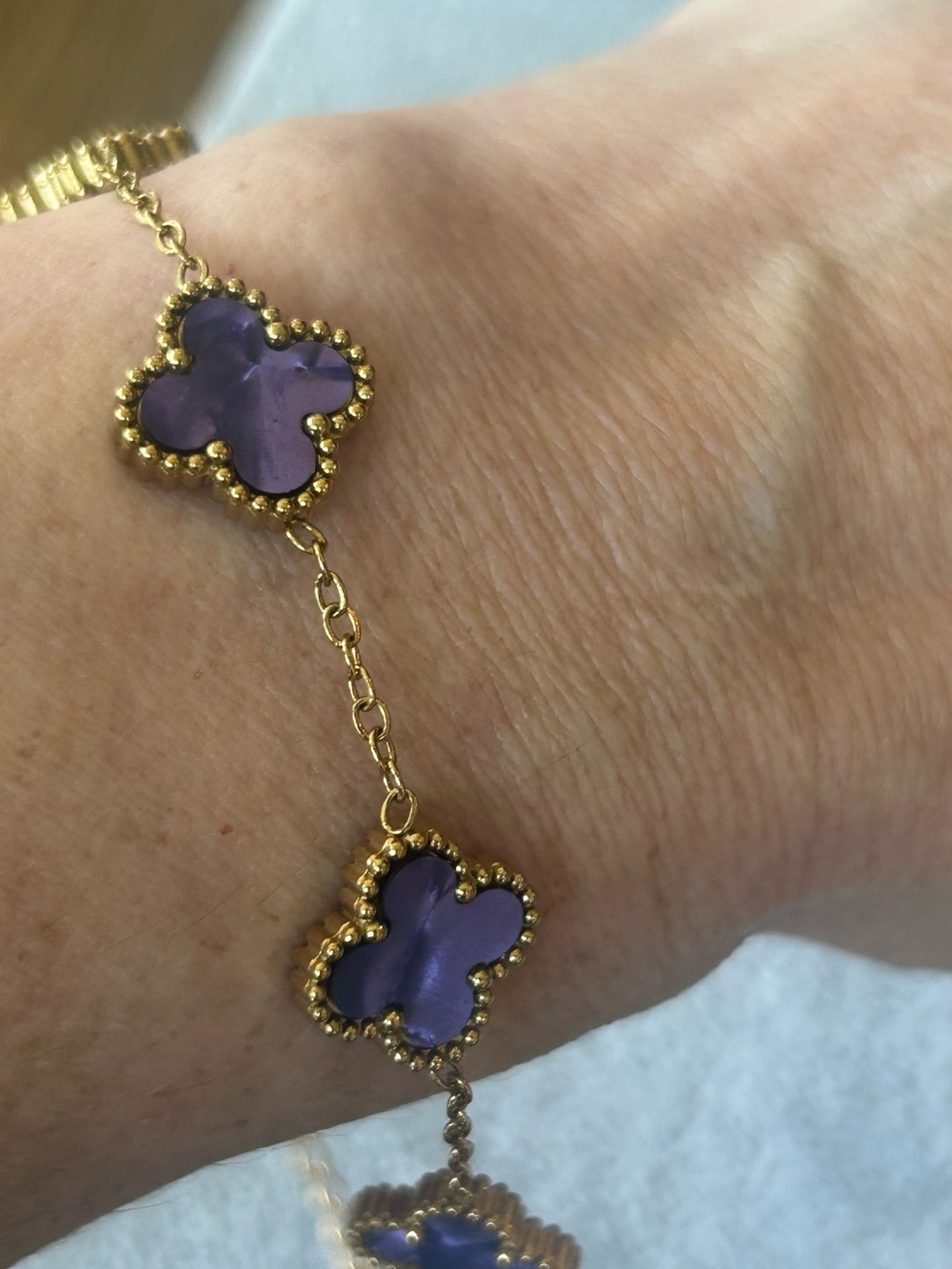 14k Gold plated Adjustable Bracelet with Purple Clover Motifs